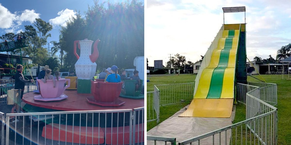Teacup ride and giant slide at the festival