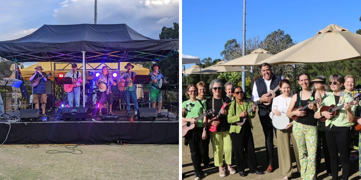Live band on stage and ukulele group